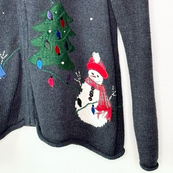 Crazy Horse Liz Claiborne Snowman Christmas Tree Cardigan Sweater - Women’s LP - Picture 4 of 8